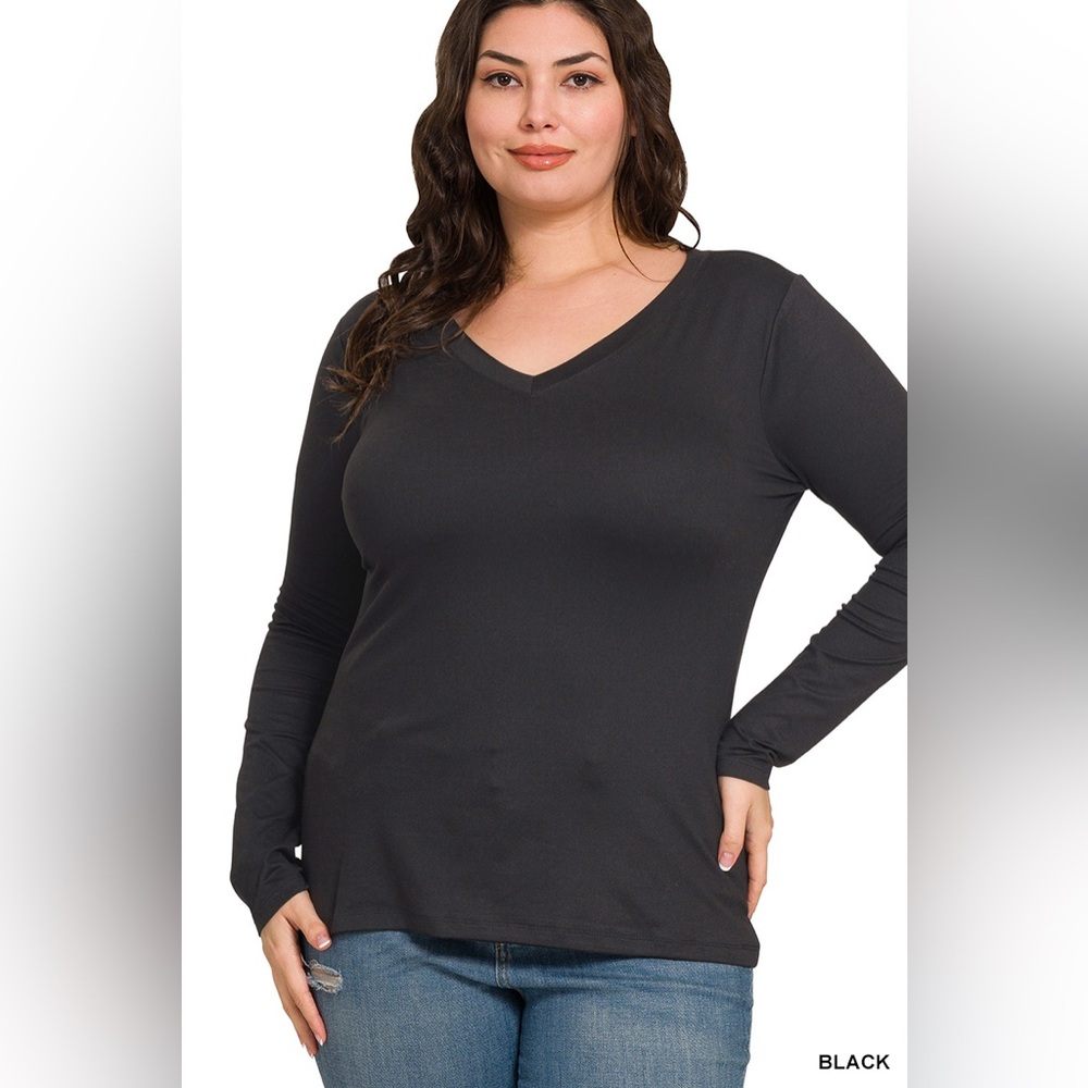 Zenana BRUSHED MICROFIBER LONG SLEEVE V-NECK TEE